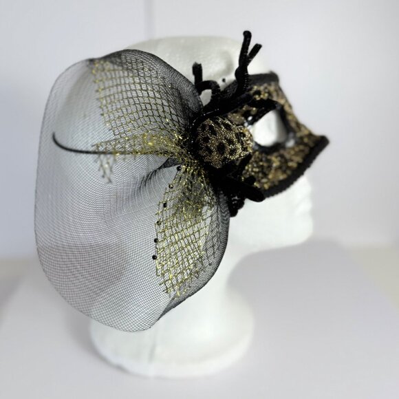 Pier 1 Masquerade Spider Mask VTG Gold Glitter Black Sequin Animal Floral Print - Picture 11 of 16
